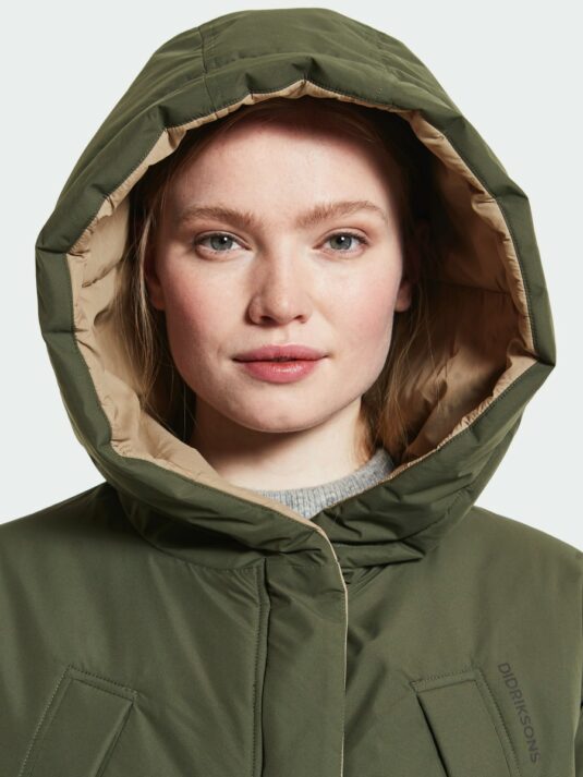 Didriksons Anna reversible padded parka raincoat stormproof warm winter coat weatherproof beige deep green